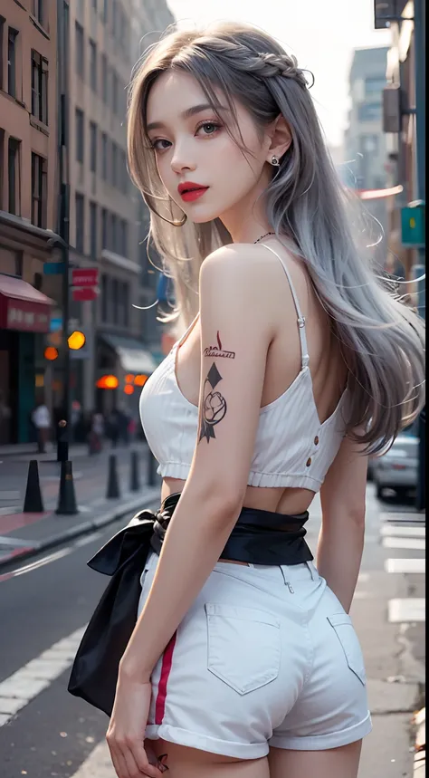 Urban beautiful girl college student, masterpiece, light makeup, red lips, silver hair, messy long hair, street background, beautiful, elegant. Ultra-fine details, master works, real texture, cinematic lighting realism, perfect work, 8k, HD, exquisite faci...