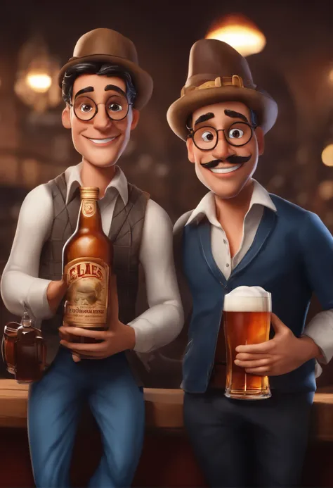 Dois amigos  jovens visivelmente embriagados com o corpo totalmente completo , They hold an entire bottle of whiskey and a glass of draft beer each. The faces are contorted into comical expressions, with bulging eyes and tongue sticking out,, estilo de des...