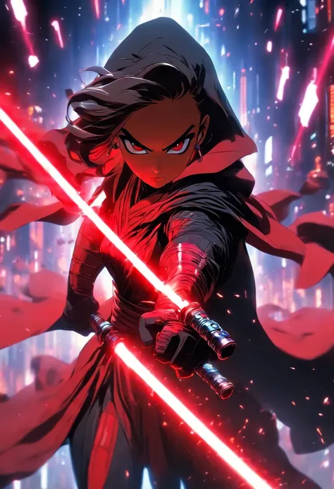 meticulously detailed anime female sith ,pixar 3d art style photograph , wearing a cloak and holding a red lightsaber in fighting stance . planet background, octane render