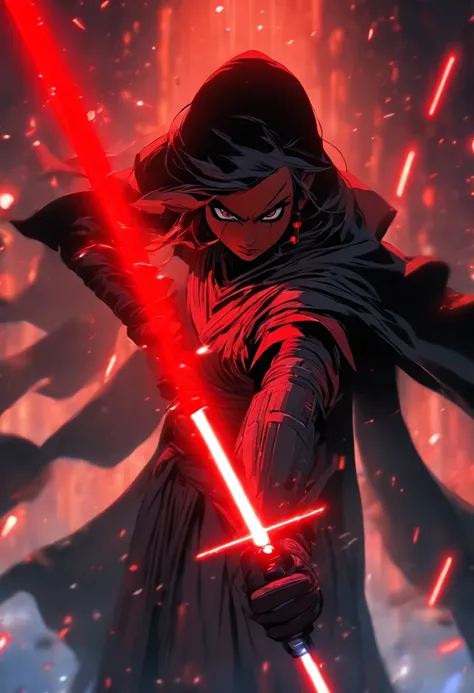 meticulously detailed anime female sith ,pixar 3d art style photograph , wearing a cloak and holding a red lightsaber in fighting stance . planet background, octane render