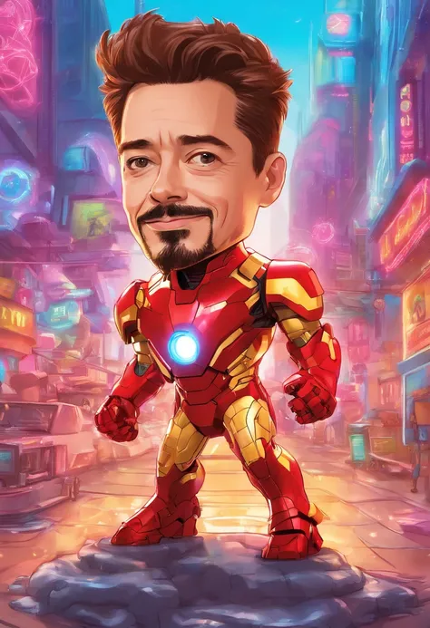 Tony Stark, Iron Man, in a futuristic sci-fi setting with neon lights illuminating the action,depth of field, Funko Pop