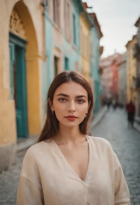 travellers, in the style of rap aesthetics, girl, Istanbul, Turkey, make for a memorable photo, The background is colourful houses in the Beyoğlu neighborhood ，photo taken with fujifilm superia, charly amani, oversized portraits, babycore, upper body