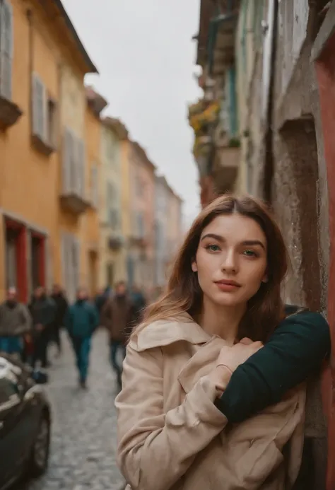 travellers, in the style of rap aesthetics, girl, Istanbul, Turkey, make for a memorable photo, The background is colourful houses in the Beyoğlu neighborhood ，photo taken with fujifilm superia, charly amani, oversized portraits, babycore, upper body