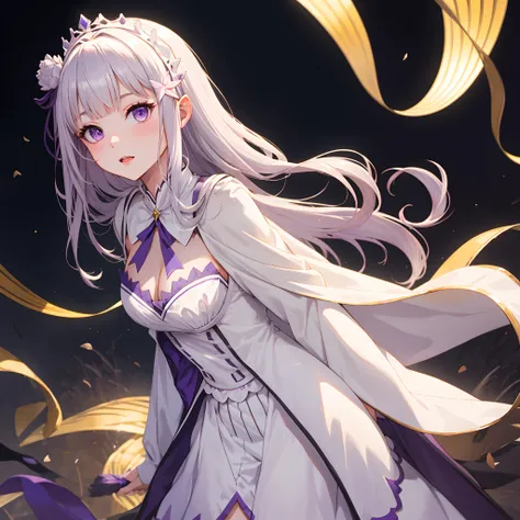 Emilia as a full grown adult, big cute purple eyes, long white hair, 1 woman, wearing formal white princess dress