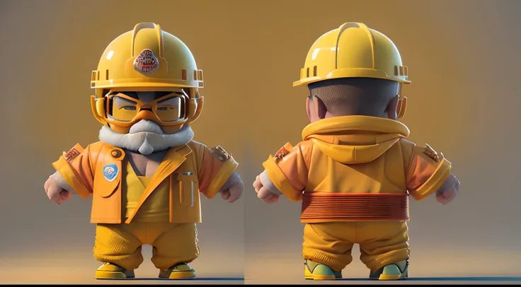 Mascot model sheet, he is a 35-year-old Brazilian firefighter, unshaven, his strong athletic physique, orange uniform with yellow details, transparent acrylic goggles, super detailed, blender, octane render, pixar style, isolated on white background