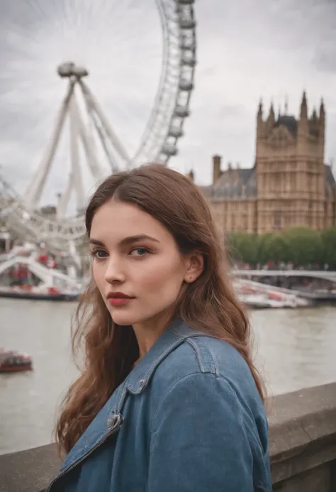 journey, in the style of rap aesthetics, girl, London, England, make for a memorable photo. The background is London Eye, a giant Ferris wheel. photo taken with fujifilm superia, charly amani, oversized portraits, babycore, upper body