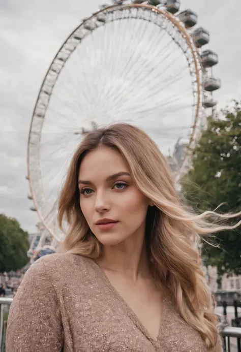 journey, in the style of rap aesthetics, girl, London, England, make for a memorable photo. The background is London Eye, a giant Ferris wheel. photo taken with fujifilm superia, charly amani, oversized portraits, babycore, upper body