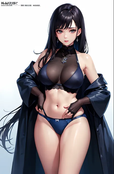 (((​masterpiece、top-quality、top-quality、Official art、Beautifully Aesthetic:1.2)))、Sheer clothes、(1girl in:1.3)、ighly detailed、highestdetailed、A dark-haired、(((Blue underwear)))、(shinny skin)、(((Colossal tits)))、large full breasts、Sheer areol