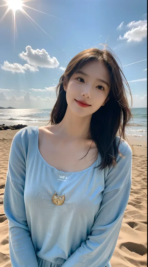 。 Behind her, Blue sky and white clouds give off warm sunshine, Intertwined with the sound of waves crashing on the beach. She gently raised her head, Smile and stare into the distance, Her eyes reveal hints of mystery and longing.

The surrounding scenery...