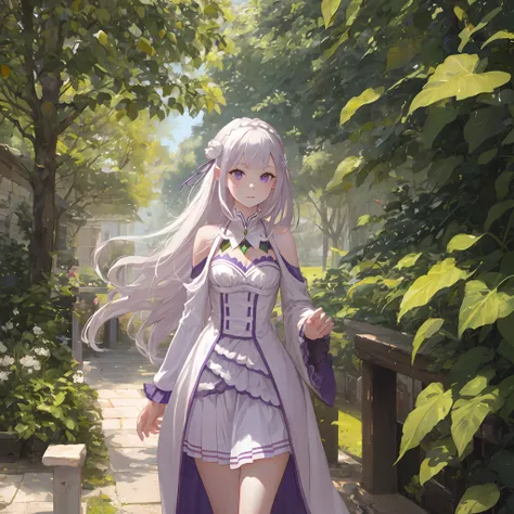 Emilia as a full grown adult, big cute purple eyes, long white hair, 1 woman, wearing formal white princess dress