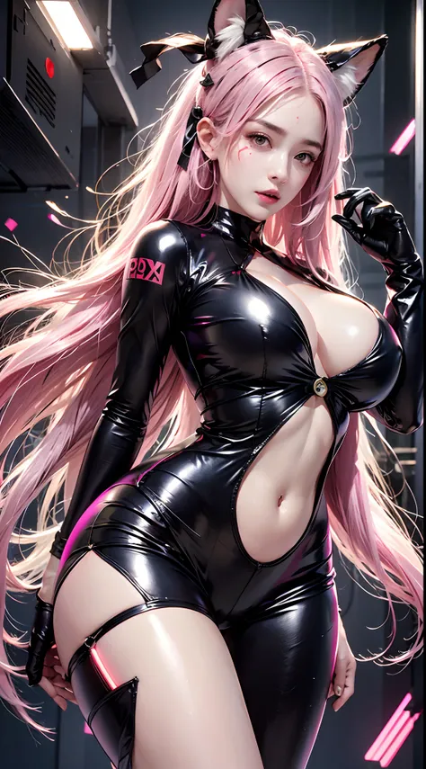 photorealistic,  high resolution,  soft light, 1women,  solo,  hips up,  dynamic pose,  shining skin,  jewelry,  tattoo,  facial mark,  fox ears,  huge breasts, ah4,  pink hair, hair ribbon,  thick thighs,  gantz black suit,  thick suit, latex, cyber suit