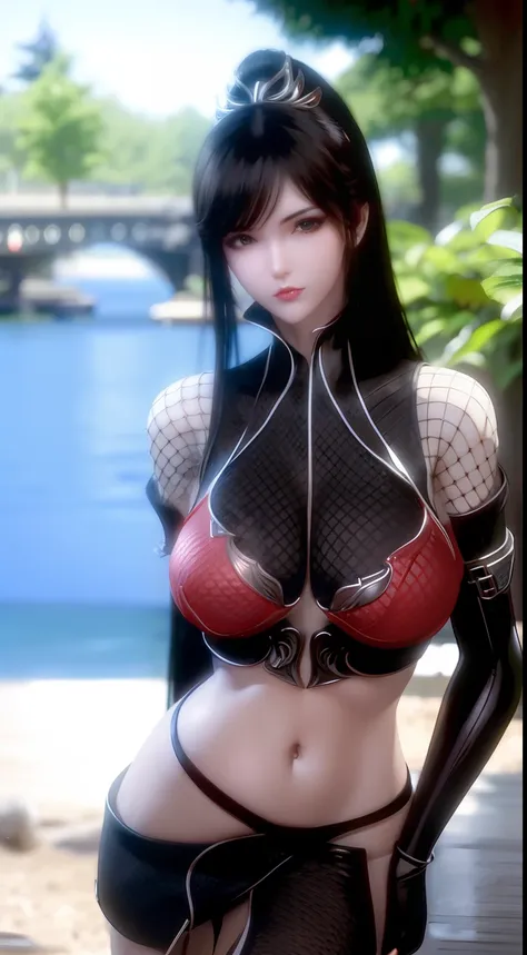 A girl with black hair，Hands over large breasts。Wearing sexy red mesh lingerie by the sea