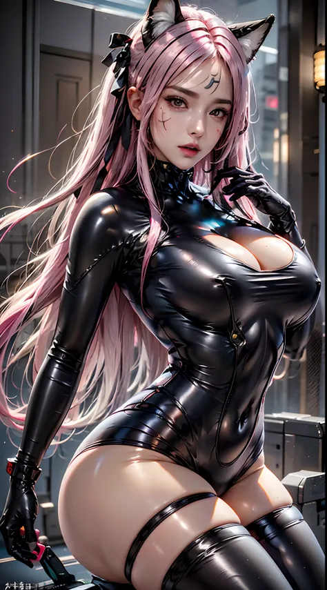 photorealistic,  high resolution,  soft light, 1women,  solo,  hips up,  dynamic pose,  shining skin,  jewelry,  tattoo,  facial mark,  fox ears,  huge breasts, ah4,  pink hair, hair ribbon,  thick thighs,  gantz black suit,  thick suit, latex, cyber suit