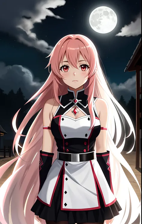 Crea una chica anime con cabello blanco similar al de Asuna Yuuki de Sword Art Online. Su largo cabello fluye suavemente por su espalda. Ahora, Place it on a night stage with a full moon, pero dale un giro de terror: The moon is tinged a dark red, y gotas ...