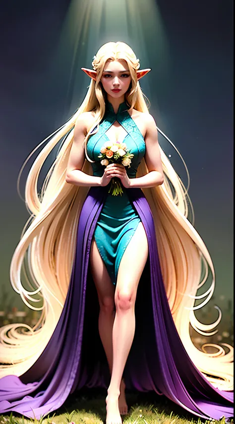 Full-length portrait of Litháriël, a beautiful Elf with long silver-blond hair and violet eyes. She wears a long, flowing forest green dress, with embroidered leaves and flowers on the cuffs and bodice. She stands barefoot in a meadow illuminated by the wa...