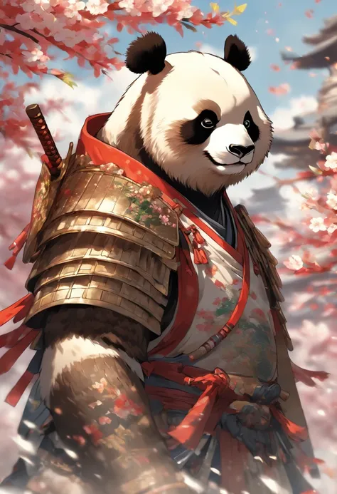 A brave and noble panda bear samurai warrior, wearing highly detailed white samurai armor, wearing a sashimono war flag on his back, sengoku period, highly detailed background, cherry blossoms blowing in the wind, perfect masterpiece, high quality, high re...