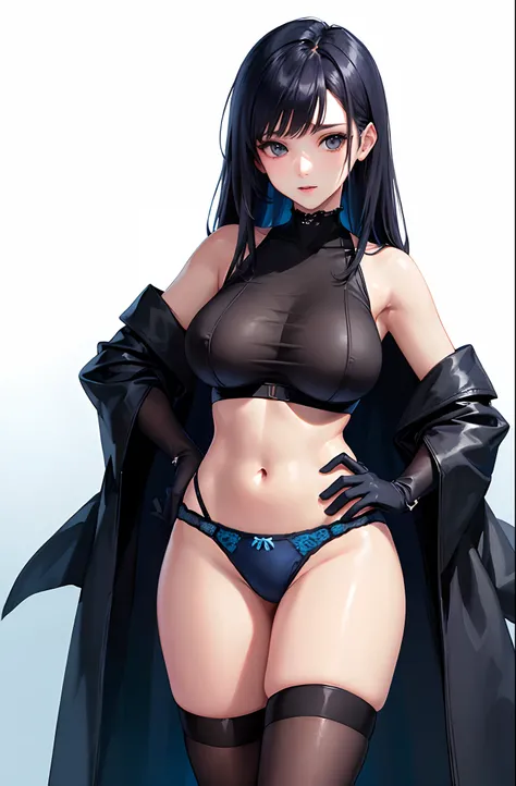 (((​masterpiece、top-quality、top-quality、Official art、Beautifully Aesthetic:1.2)))、Sheer clothes、(1girl in:1.3)、ighly detailed、highestdetailed、A dark-haired、(((Blue underwear)))、(shinny skin)、(((Colossal tits)))、large full breasts、Sheer areol、(((knee high s...