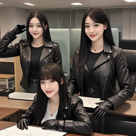 Black leather gloves in both hands, upper body, black leather riders jacket, writing a letter with a fountain pen at the desk, black hair, long straight, young Japanese woman