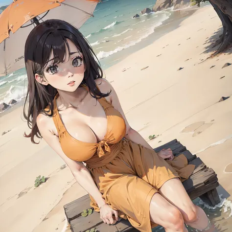 A woman, at park, Sunny day, Orange sun dress, primitive, hyper HD, 8K, (closeup cleavage:1.1), Head, Highly detailed face, Stunning eyes