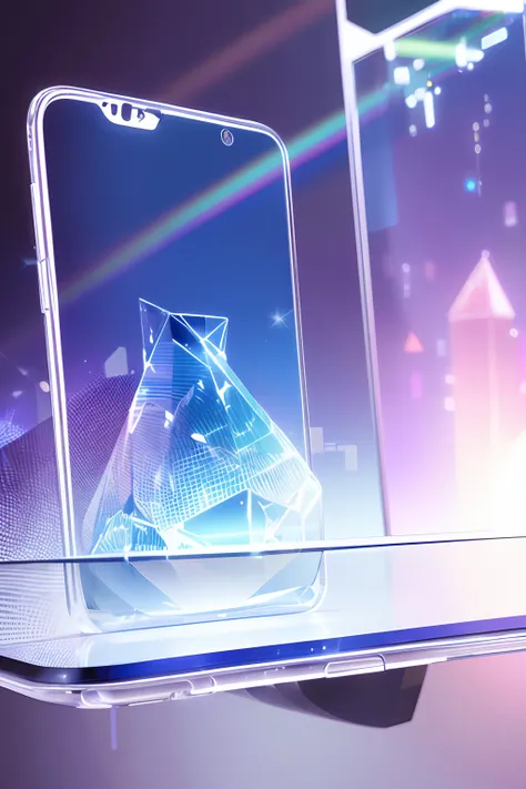 floating smartphone, Transparent screens, holographic monitors, miniature devices, crystal rainbows,