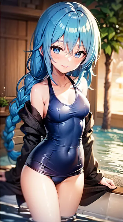 roxy, mushoku tensei, Swimsuit, anime, 1girl, blue hair, braided hair, blue eyes, smiling, wet