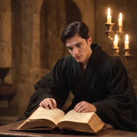 Handsome young man, black short hair, in black robe with golden lining, Circle of magic books scattered on the ground, Magic books and candles placed around him, Seven mirrors at different angles directly above, Gloomy image, vision, Depth of field, divine...