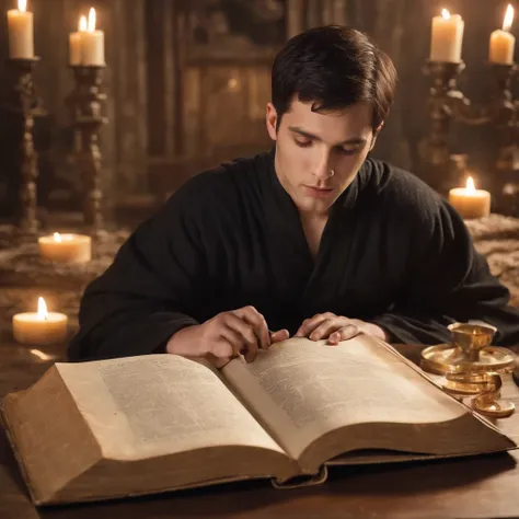 Handsome young man, black short hair, in black robe with golden lining, Circle of magic books scattered on the ground, Magic books and candles placed around him, Seven mirrors at different angles directly above, Gloomy image, vision, Depth of field, divine...