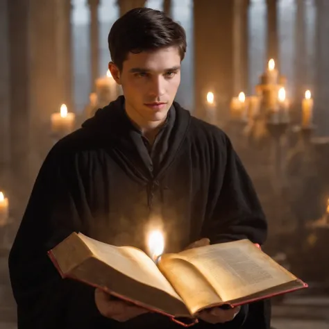 Handsome young man, black short hair, in black robe with golden lining, Circle of magic books scattered on the ground, Magic books and candles placed around him, Seven mirrors at different angles directly above, Gloomy image, vision, Depth of field, divine...