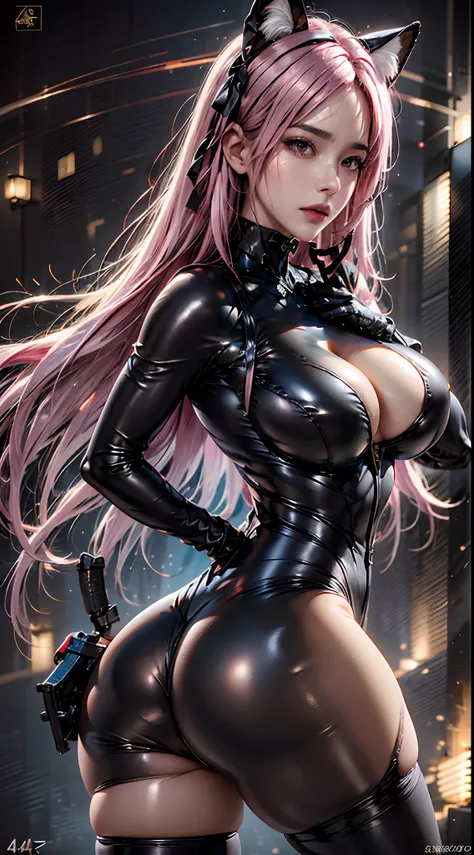 photorealistic,  high resolution,  soft light, 1women,  solo,  hips up,  dynamic pose,  shining skin,  jewelry,  tattoo,  fox ears,  huge breasts, ah4,  pink hair, hair ribbon,  thick thighs,  gantz black suit,  thick suit, latex, cyber suit, back view