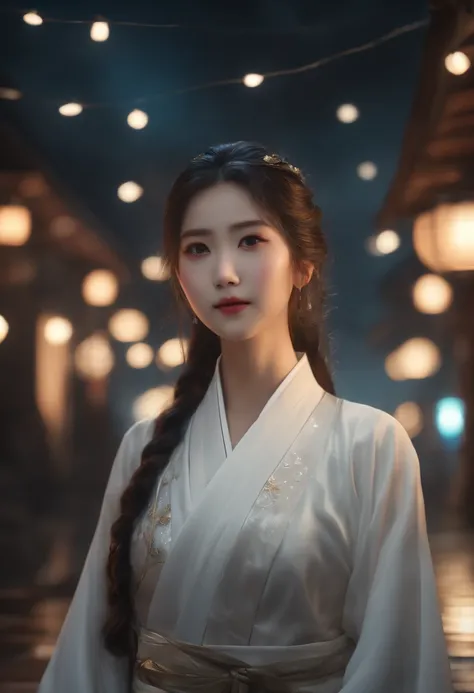 Best quality, Masterpiece, A high resolution,, 1girll, Detailed face, (Upper body:1.6), Cyber city, Mountains and rivers, Night, Firefly lights, Realistic, Rich in detail, (White Hanfu:1.2), (Beautiful body:1.4),