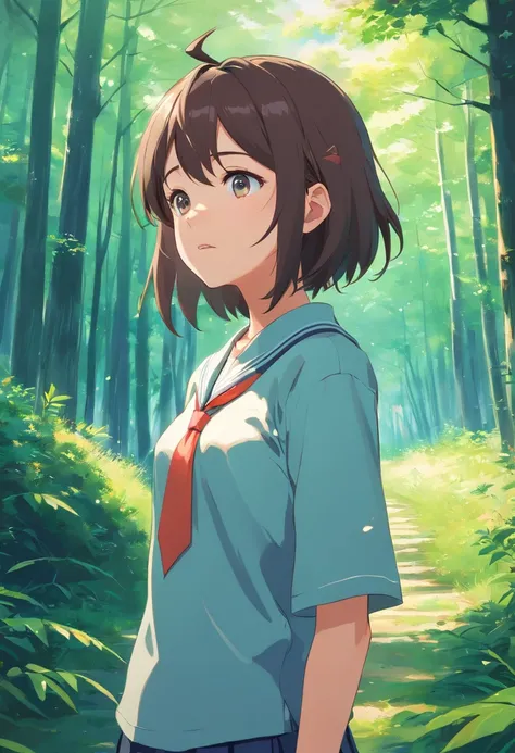 una adolescente de estilo anime, Dressed in a Japanese school uniform. Su cabello y ojos son de un hermoso tono rosa, lo que agrega un toque distintivo a su apariencia. diclonius inspirado en el Elfen Lied. The environment is located in a lush forest, full...