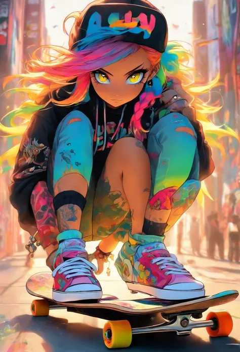 The most beautiful and sexy skateboard girl, rainbow colored hair, yellow eyes, wearing hoodie, graphic t-shirt, torn skinny jeans and highly detailed skateboard gear, tons of tattoos and piercings, highly detailed background, perfect masterpiece, high qua...