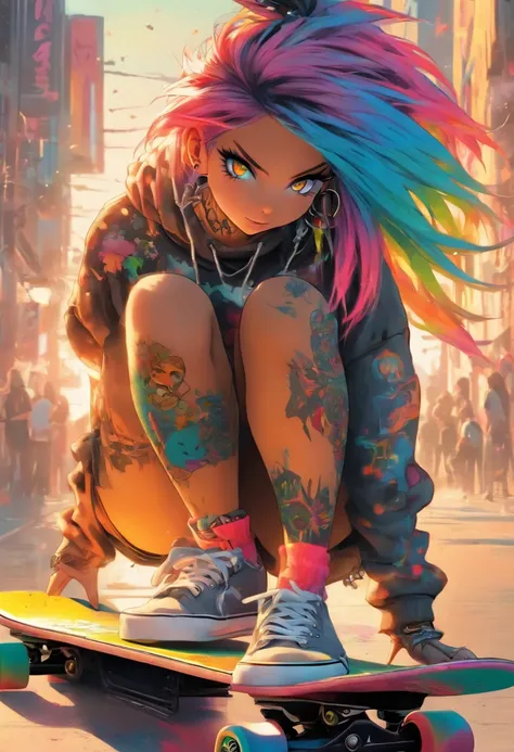 The most beautiful and sexy skateboard girl, rainbow colored hair, yellow eyes, wearing hoodie, graphic t-shirt, torn skinny jeans and highly detailed skateboard gear, tons of tattoos and piercings, highly detailed background, perfect masterpiece, high qua...