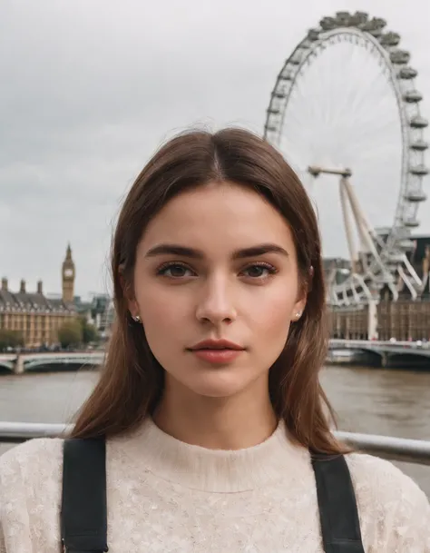 journey, in the style of rap aesthetics, girl, London, England, make for a memorable photo. The background is London Eye, a giant Ferris wheel. photo taken with fujifilm superia, charly amani, oversized portraits, babycore, upper body