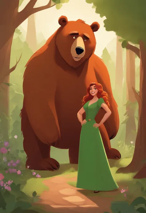 Woman in green dress standing next to Arin and red bear, giant bear human hybrid, annie from league of legends, disney stylized furry, Pixar Character Design, angry bear, pixar cartoon style, Portrayed as a Pixar character, The ideal Pixar character, bugbe...