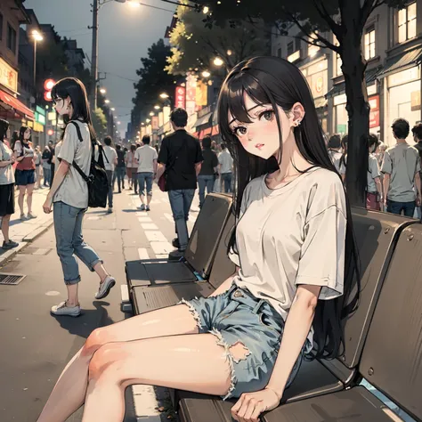 Top quality, Masterpiece, hyper HD, (Real: 1.4), Original photo, (Evening street), 1 girl, Black eyes, Looking at the audience, Long hair, Light makeup, Lips, Small ears, White T-shirt, Denim shorts, Earrings, sitting Ferrari,, Slim, Neat, park