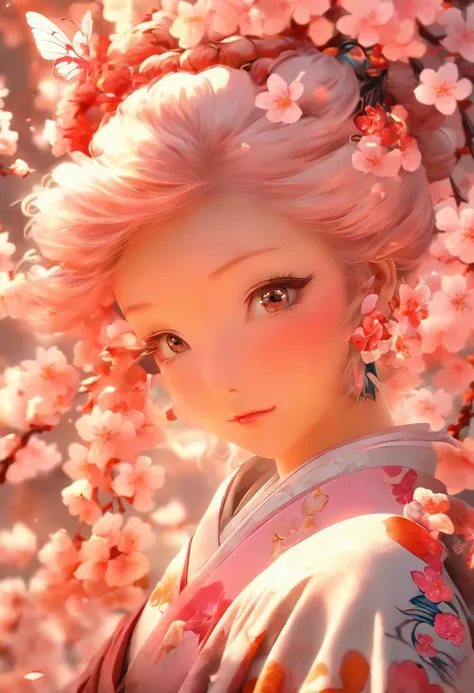 The most beautiful and sexy cherry blossom goddess, long beautiful pink hair, glowing white eyes, wearing the most beautiful and highly detailed kimono, butterfly wings, tons of tattoos and piercings, cherry blossoms and butterflies blowing in the wind, pe...