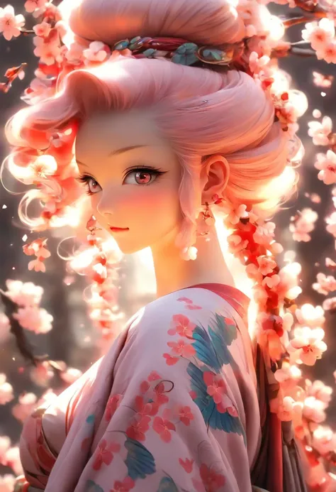 The most beautiful and sexy cherry blossom goddess, long beautiful pink hair, glowing white eyes, wearing the most beautiful and highly detailed kimono, butterfly wings, tons of tattoos and piercings, cherry blossoms and butterflies blowing in the wind, pe...