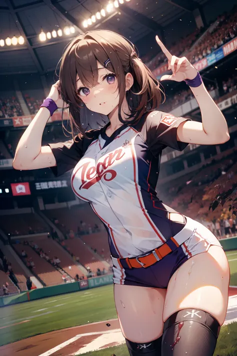 top-quality、Full limbs、complete fingers、Slender beauty、straight haired、Brown hair、Raw feet、Purple Cheer Girl Costume、baseball field、Sweating、Wet texture、Beautiful Large Breasts、Dancing