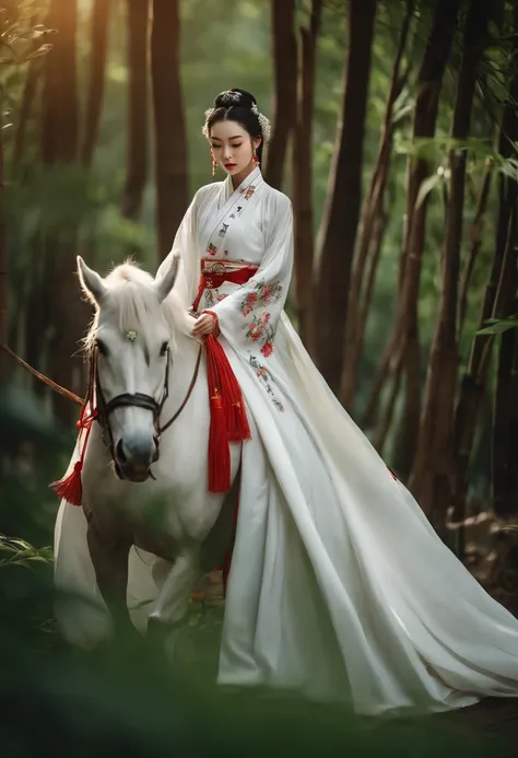 A woman dressed in traditional clothing rides a horse through a bamboo forest, Hanfu, Palace ， A girl in Hanfu, White Hanfu, Wuxia, full-body wuxia, Wearing ancient Chinese clothes, xianxia fantasy, with acient chinese clothes, Chinese costume, Anime girl ...