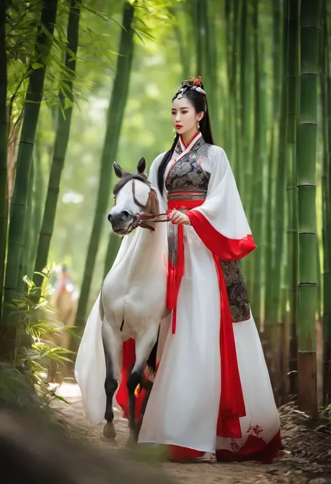 A woman dressed in traditional clothing rides a horse through a bamboo forest, Hanfu, Palace ， A girl in Hanfu, White Hanfu, Wuxia, full-body wuxia, Wearing ancient Chinese clothes, xianxia fantasy, with acient chinese clothes, Chinese costume, Anime girl ...