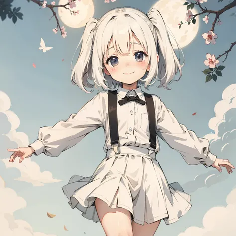 1girll, Solo, Loli,Short white hair 1.2， suspender skirt, White shirt, cheerfulness