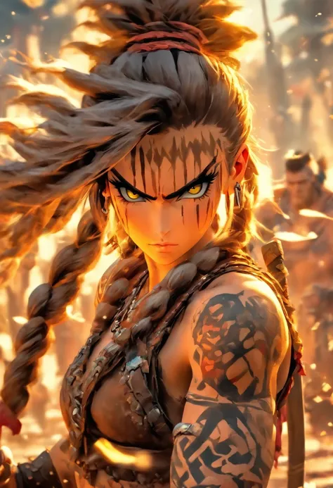 The most beautiful and sexy barbarian girl, long brown hair in a ponytail with animal bone, yellow eyes, wearing highly detailed prehistoric barbarian clothing, tons of tattoos and piercings, holding a huge serrated broadsword, blood splattered, debris and...