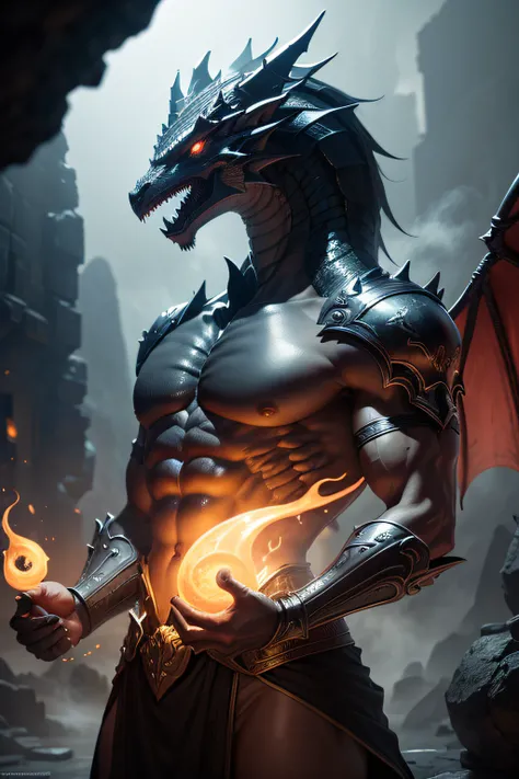 dragon with an intense aura around him, emitindo um brilho sutil em tons vermelhos e amarelos, colocado no centro de uma majestosa e misteriosa arena de mortal kombat, Environment composed of an ancient stone temple located on top of a dense mountain of bl...