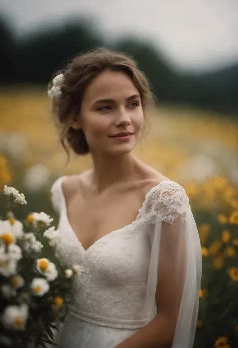 1girl in white wedding dress, Bare shoulders, blooming flower field, light smile, wollensak 127mm f/4.7 ektar