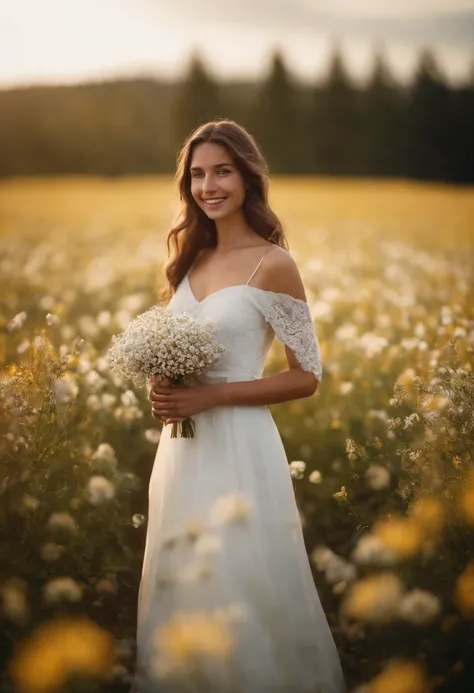 1girl in white wedding dress, Bare shoulders, blooming flower field, light smile, wollensak 127mm f/4.7 ektar