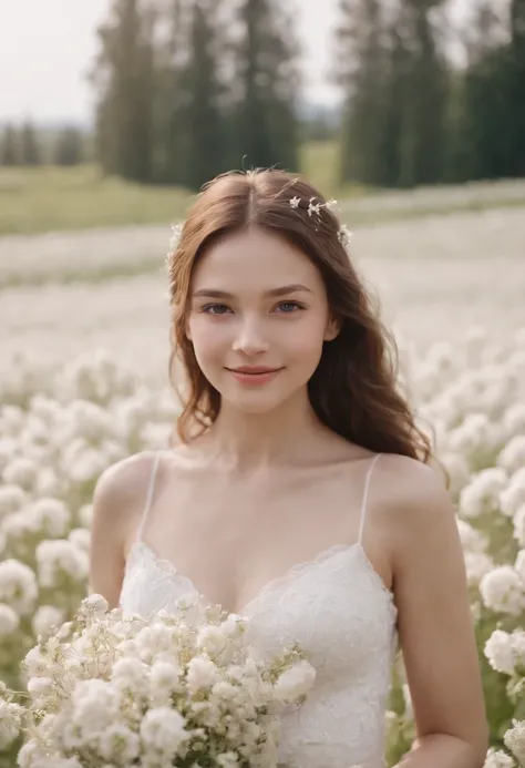 1girl in white wedding dress, Bare shoulders, blooming flower field, light smile, wollensak 127mm f/4.7 ektar