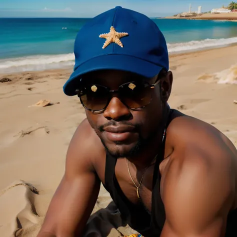 Happy funny afroamerican guy with sunglases and cap sitting on the beach sand in front of the sea. Hyperealistic, photorealism, photorealistic, detailed.