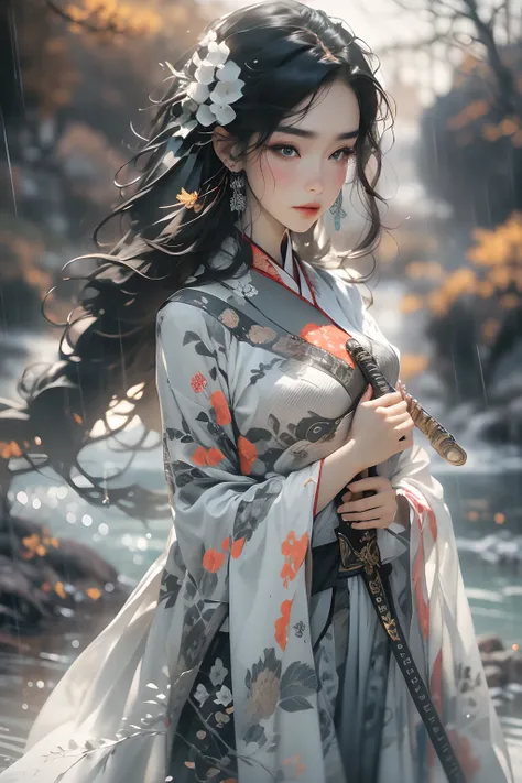 one-girl，cabelos preto e longos，little breast，（Antique Hanfu：1.5），silver accessories，Shoulders exposed，standing on a hill，Sword in hand，knight-errant，（Bright color combination：1.2）Facing the mountains and flowing water、waterfallr，Rainy sky，（Wallpapers），tma...