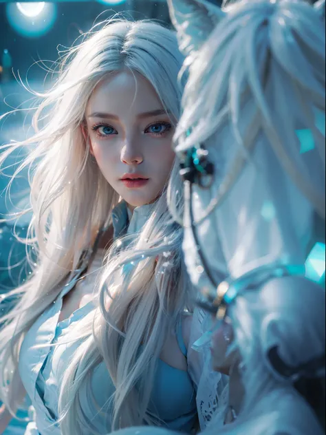 beautiful, young woman, in the crystal and ice area, fluttering snow, horse riding, a white hourse, gradient hair, white hair, blue hair, long hair, eye reflection, disdain, ray tracing, reflection light, blurry, glowing light, depth of field, chiaroscuro,...